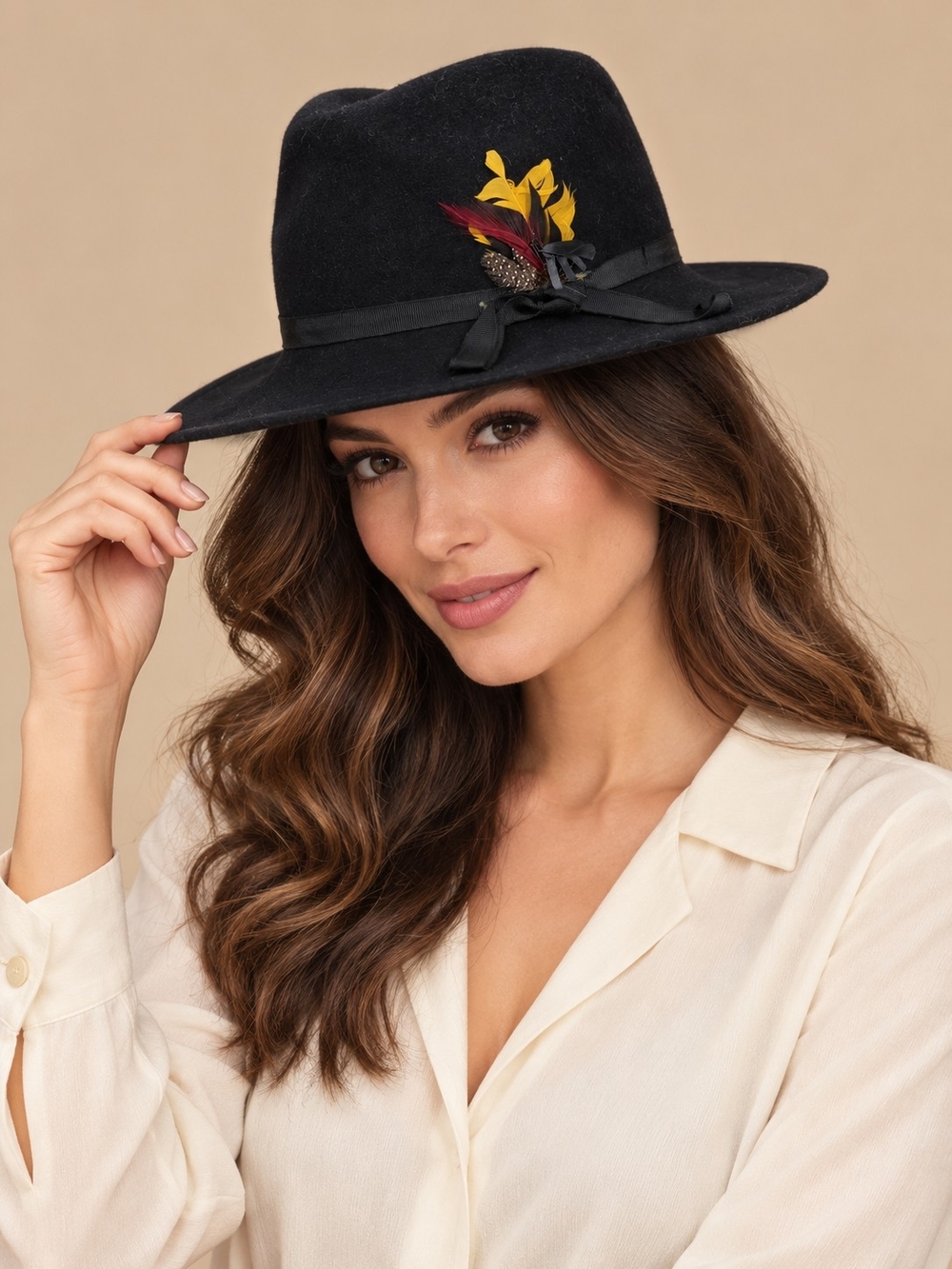 Vintage 60s 70s Doeskin Bollman Black Wool Felt Feather Fedora Hat